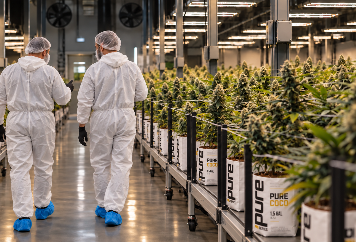 Premium commercial cannabis cultivation room with Pure Pro Coco grow bags